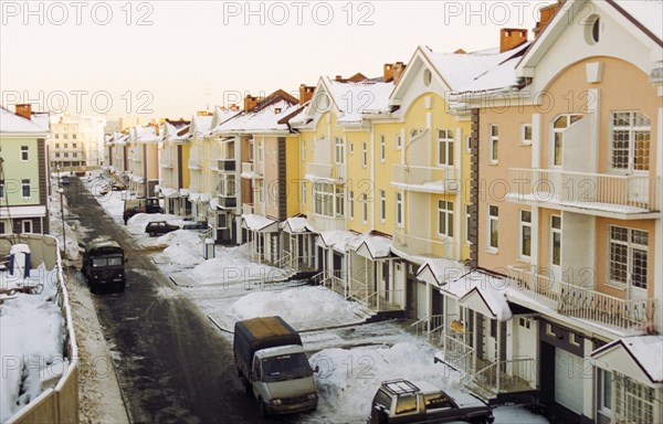 A newly built residential district of moscow called kurkino which consists of apartments and single-family townhouses, russia, february 2003.