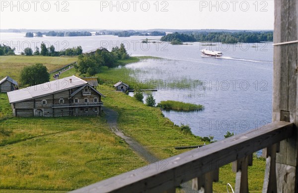 Houses on the shore of lake onega in karelia, russia.