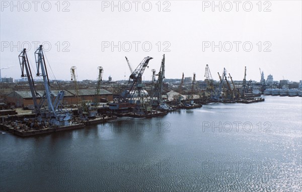 Cargo port on the volga river delta in astrakhan, russia.