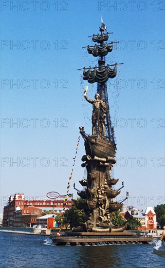 A new monument to peter the great, by sculptor zurab tsereteli, on the krymskaya embankment in moscow, russia, 1997.