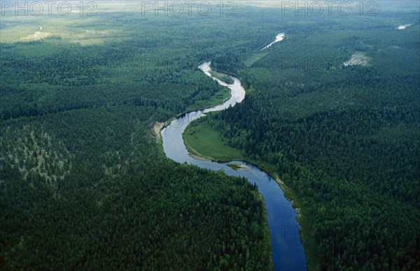 The pechora river running through the taiga in the komi region of siberia, 1990s.