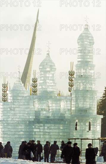 An ice sculpture of the ivan the great belfy at 'snow storm 2001' international ice sculpture festival held at the all-russian exhibition center in moscow from decembe 23 through january 27.