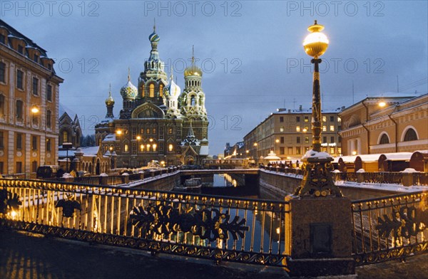 Cathedral of the resurrection from a bridge over the griboyedov canal, st, petersburg, russia.