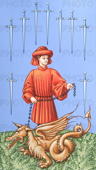 Creative illustration Middle Age in tarots The master of the dragon