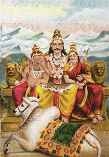 Lord Shankar (Shiva) with his son Ganesh and wife Parvati with his vehicle Nandi or the sacred Bull on Mount Kailash in the Himalayas