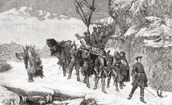 Bringing home the body of Charles XII after his death during The Siege of Fredriksten in 1718