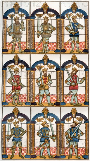 A painted or stained glass window depicting two Saxon earls of Merica and seven Norman earls of Chester