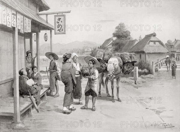 Hideyoshi seen here as a young boy hawking faggots of wood in the streets