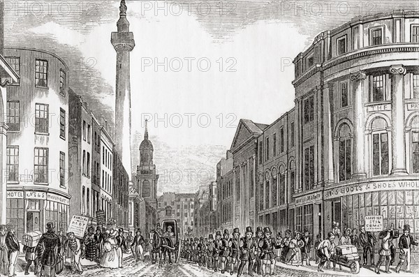 Old Fish Street Hill and the Monument to the Great Fire with members of the London Fire Brigade