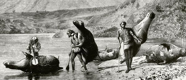 Native population crossing the Beas river with inflated skins (mussaks)