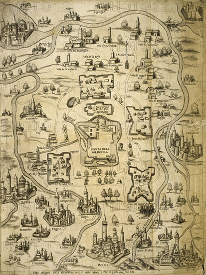 Italy. Cities of Mantua, Bologna, Venice, Modena, Ferrara and Parma. Italian engraving. Map. 16th century.