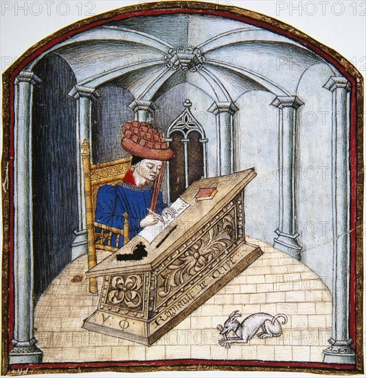 Noble writing a manuscript. Miniature. 'Livre des Cent Ballades'.