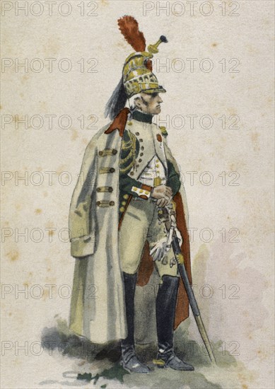 French Dragoon. French Army. Napoleonic Empire. 1807. Engraving. Colored.