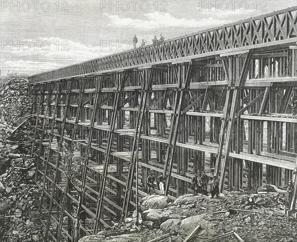 Construction of the Bridge of Dale Creek, one of the major works of the Union Pacific.