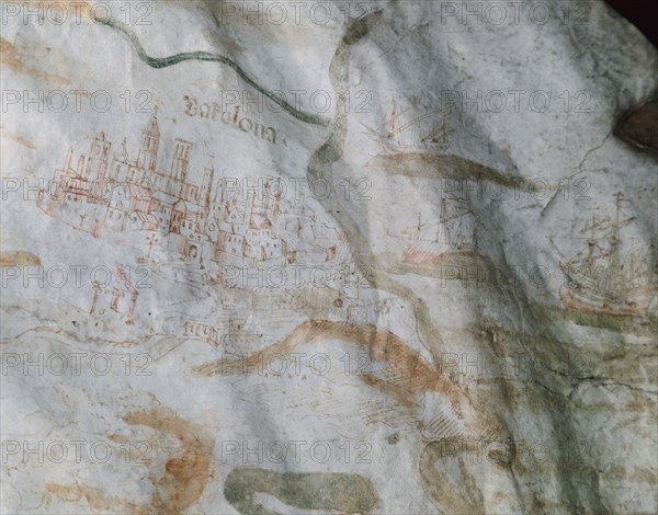 Parchment. Drawing city Barcelona and Port of city. 1521. Spain.