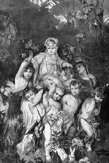 Group of cupids. Engraving by Knesing. Reproduces a painting by Hans Makart (1840-1884).