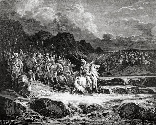 Bible. Judas Maccabeus Pursues Timotheus. (I Maccabees 5:28-44). Illustration by Gustave Dore.