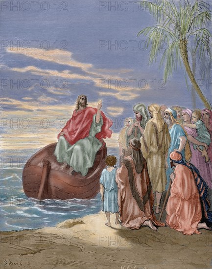 Jesus preaching in the Sea of Galilee. Engraving. Colored.