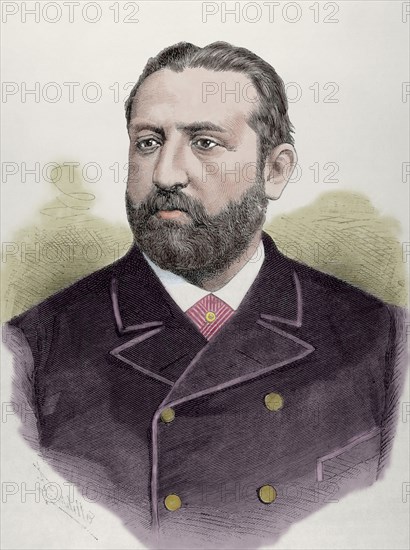 Joaquin Lopez Puigcerver (1841-1906). Spanish politician. Engraving by Badillo. 1886. Colored.