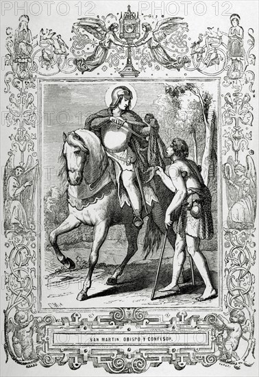 St. Martin of Braga (520-589) sharing his cloak with a beggar. Engraving.