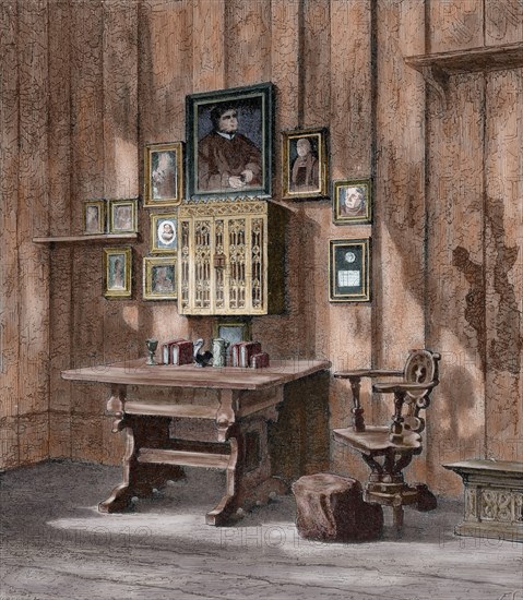 Room of Martin Luther (1483-1546) at Wartburg. Engraving. Colored.