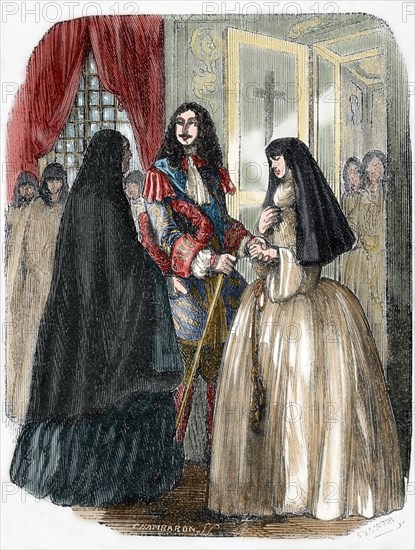 Louis XIV and his mistress Louise de La Valliere (1644-1710). Engraving. Colored.