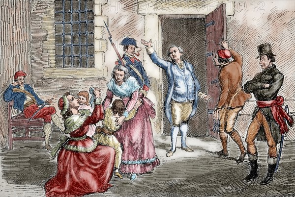 Louis XVI (1754-1793) taking leave of his family. Engraving. Colored.