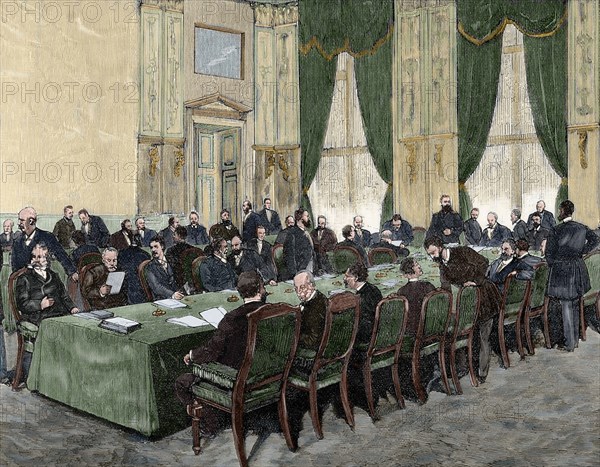 Session of the International Labor Conference. Berlin, Germany. Engraving. Colored.