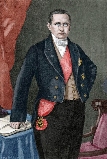 Otto Theodor von Manteuffel (1805-1882). Conservative Prussian statesman. Engraving. Colored.