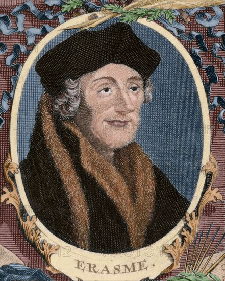 Erasmus of Rotterdam (1466-1536). Engraving. Colored.