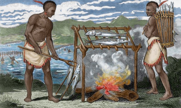 Ponca indians roasting fish.