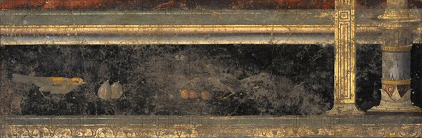 Roman fresco depicting a baseboard with birds and fruit.