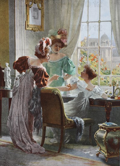 Three women are discussing a letter they want to write