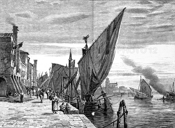 Canal scene in late 19th Century in the city of Chioggia