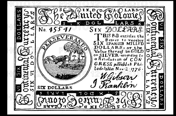 Six dollar note of the United Colonies