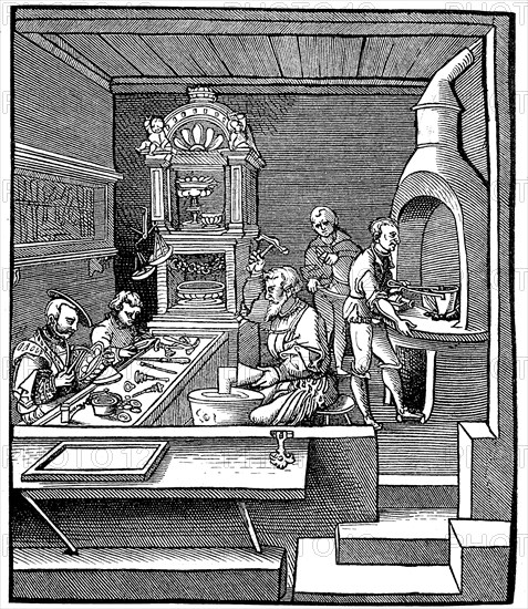 Goldsmith's workshop in the 16th century  /  Goldschmiedewerkstatt im 16. Jahrhundert