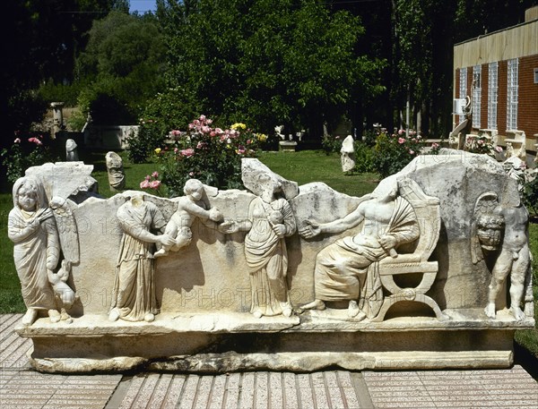 Family scene, Roman sarcophagus decorated with reliefs,