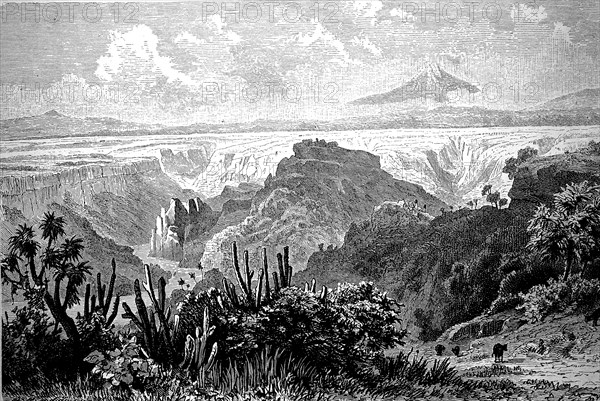 Canyon Barranca of Santa Maria with the mountain Peak of Orizaba in Mexico in 1880  /  Schlucht Barranca von Santa Maria mit dem Berg Pik von Orizaba in Mexiko im Jahre 1880