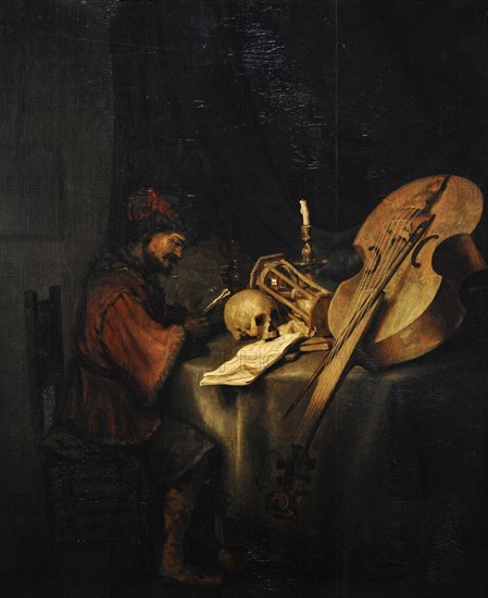 Man Reading, with Symbols of Transience, ca.1655, by Karel van der Pluym