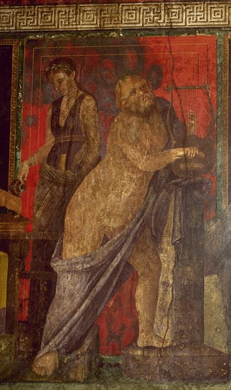 Fresco depicting a Dionysian rite. Silenus playing the lyre and a maid helping to perform the rite.