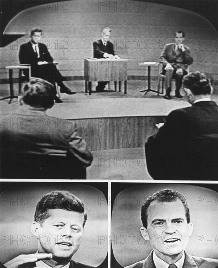 The two Presidential nominees from the two major parties are seen in three photos on a television screen during their nationally televised debate on 9-26-60. Top: Senator Kennedy, moderator Howard K. Smith; and Vice-President Richard Nixon. Bottom left, Senator Kennedy; Right Vice-President Nixon.