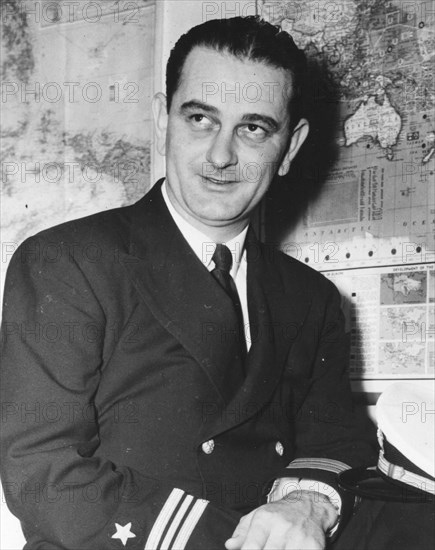 Lyndon B. Johnson as a Lt. Commander in the US Navy from December 10, 1941 to July 1942. He also served on the Naval Affairs Committee of the House of Representatives. World War II-era.