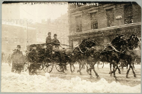 March 4, 1909 - William Howard Taft and Theodore Roosevelt drive to the Capitol for Taft's inauguration.