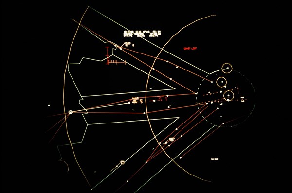 A graphics display on the Tempelhof Automated System (TAS) computer screen depicting a map of Berlin air space.  TAS is part of the Berlin Air Route Traffic Control Facility, operated by the 1946th Information Systems Squadron..