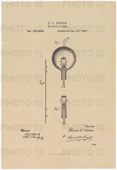 This is the printed patent drawing for the incandescent light bulb invented by Thomas A. Edison. 1880.