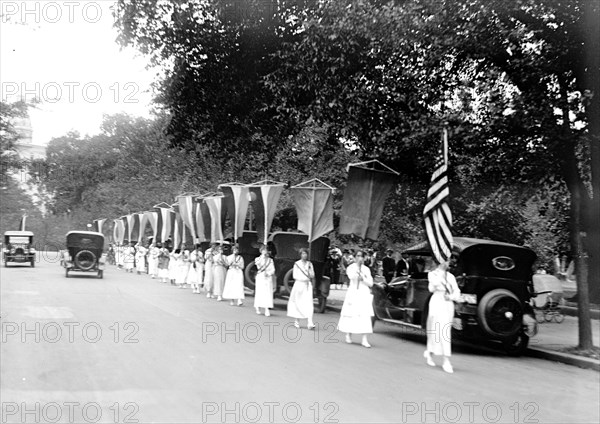 Woman Suffrage Movement - Suffragettes with banners in Washington D.C. circa 1918.