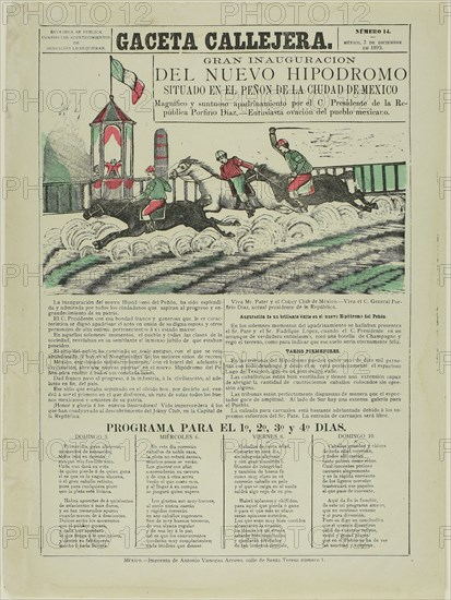 1893 Art Work -  The Street Gazette: Grand Inauguration of the New Racetrack Situated on Penon Hill in Mexico City - Jose Guadalupe Posada.