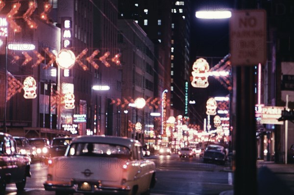 Dallas Texas night time street scene in 1956.