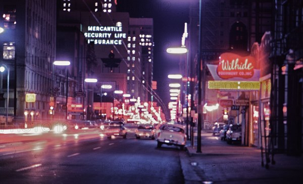 Dallas Texas night time street scene in 1956.