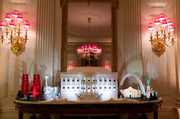 The gingerbread house is seen in the State Dining Room